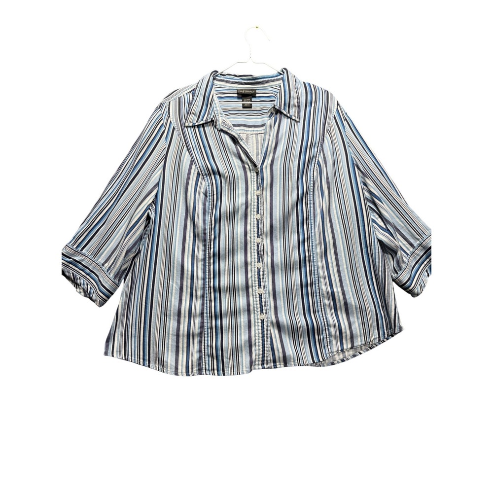 Lane Bryant Button Up Shirt Women 22/24W Blue Striped 3/4 Sleeve Stretch